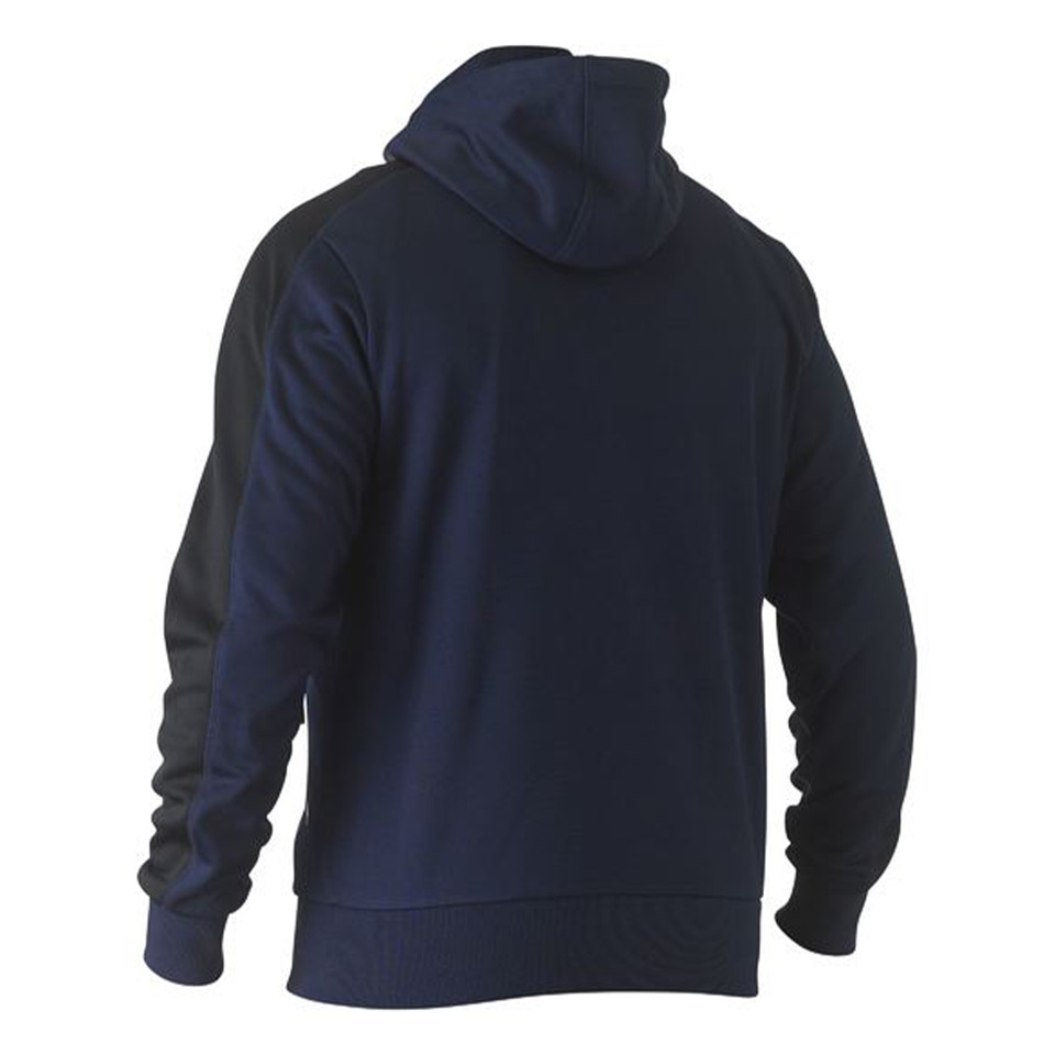 Navy recycled zip hoodie shown from back with hood up and ribbed hem and cuffs