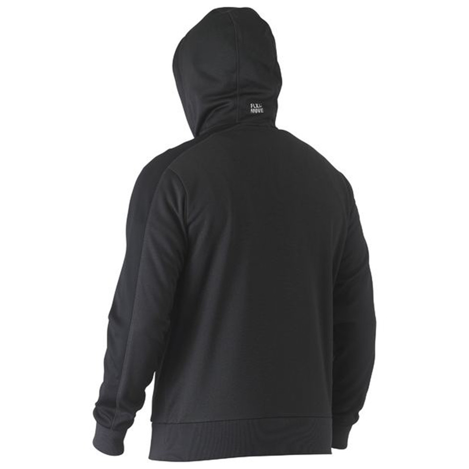 Back view of charcoal grey zip hoodie with attached hood and ribbed cuffs and hem