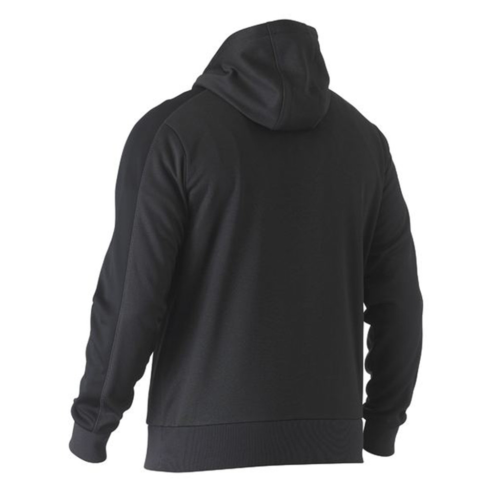 Black zip-up hoodie shown from back with hood and ribbed cuffs and hem visible