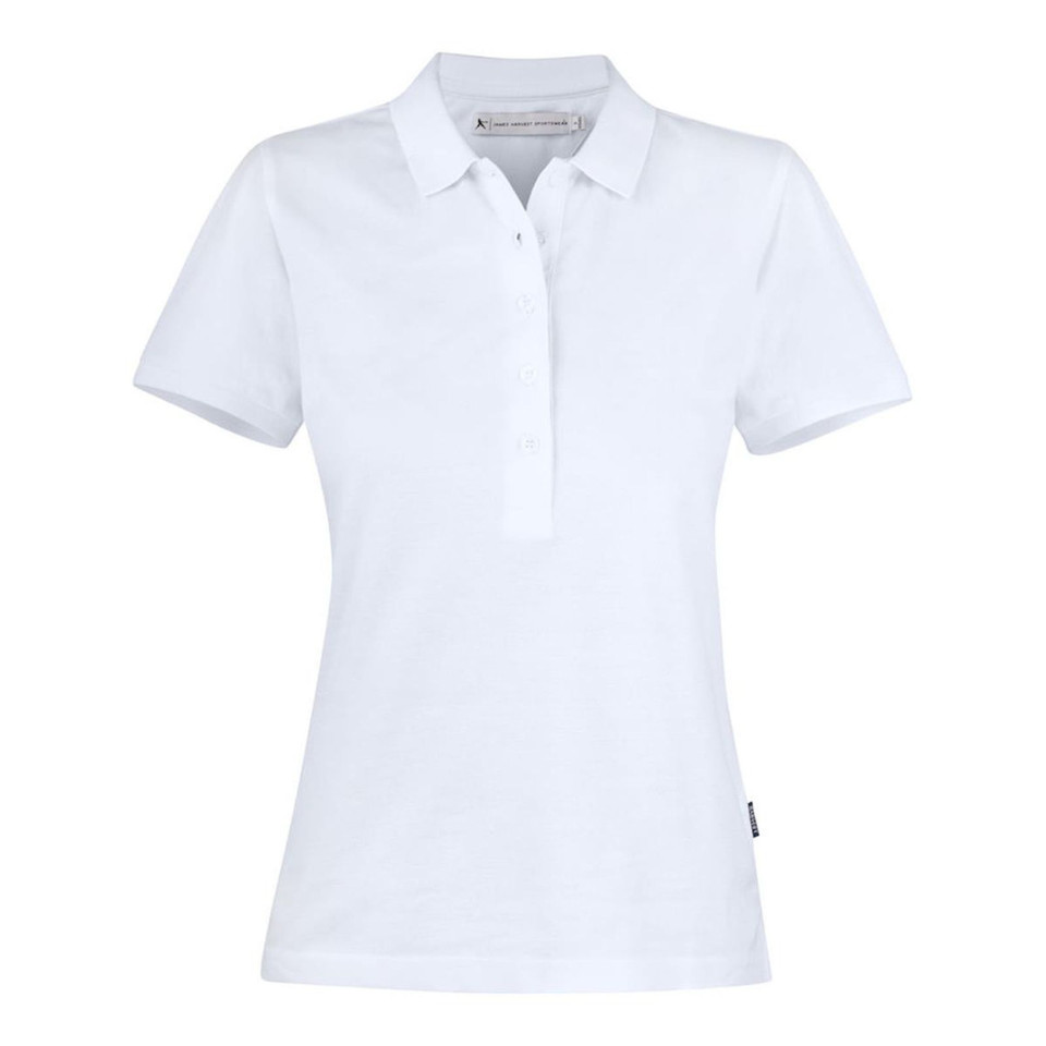 White women's cotton polo shirt with collar and button placket, short sleeves
