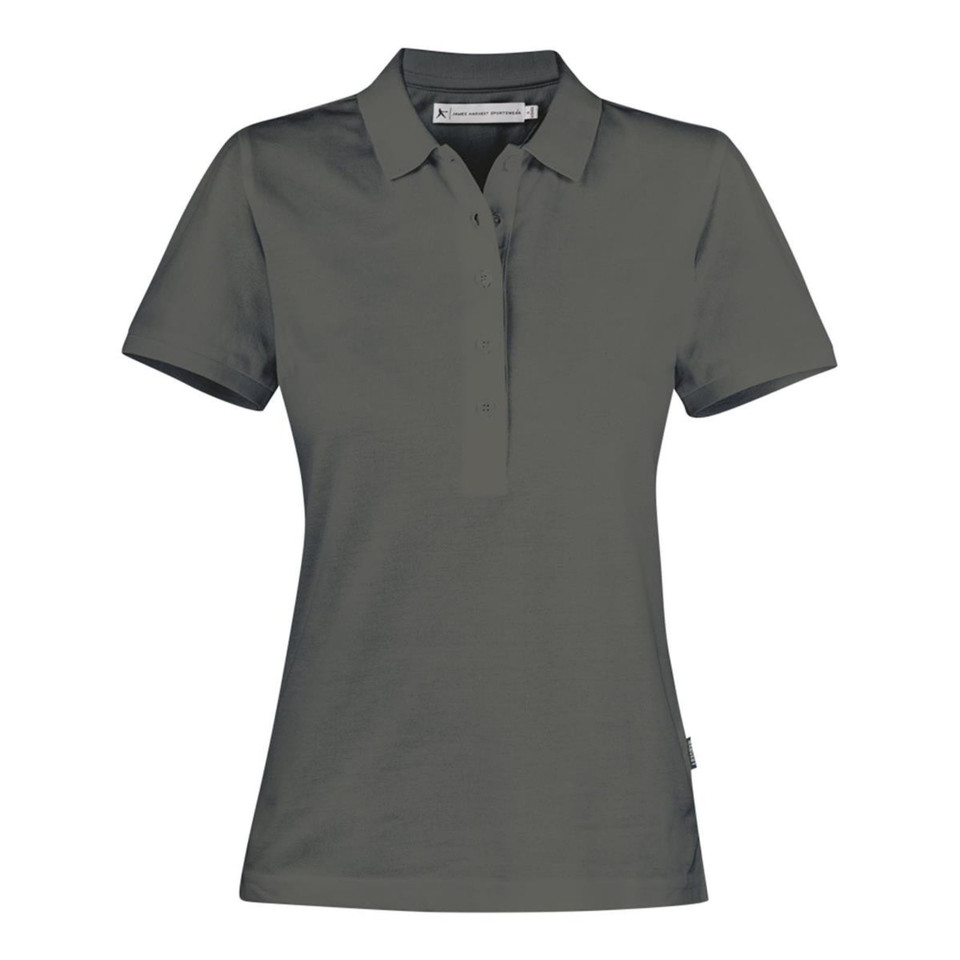 Charcoal grey women's cotton polo shirt with collar and button placket in flat lay styling