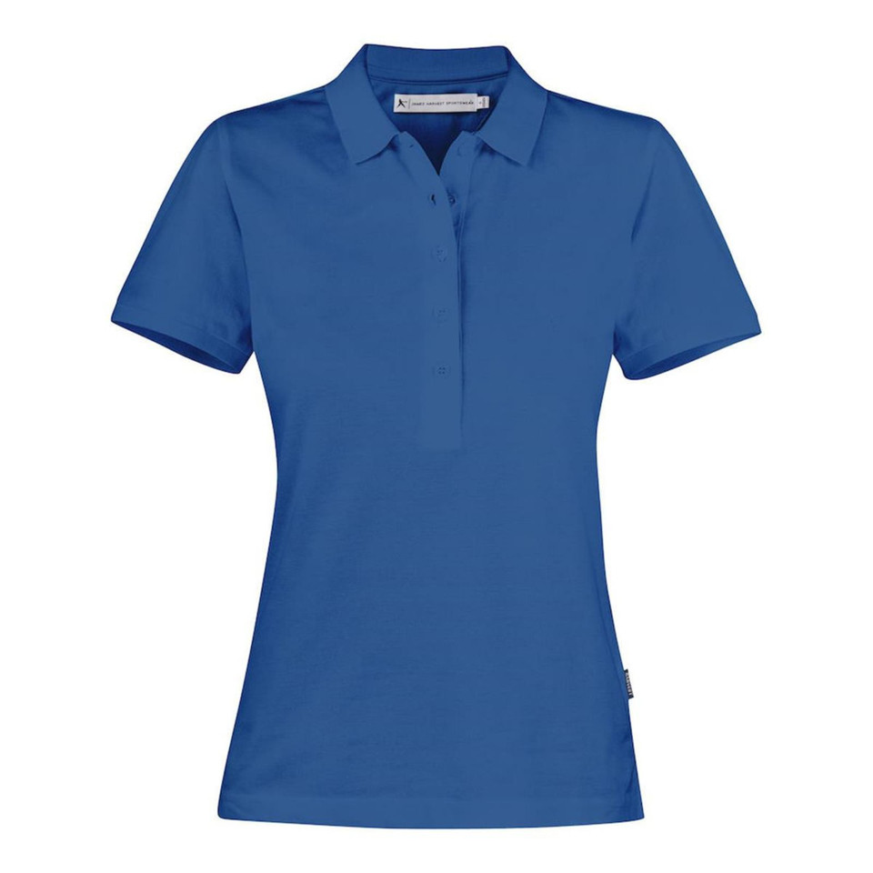 Women's royal blue cotton polo shirt with collar and short sleeves on white background