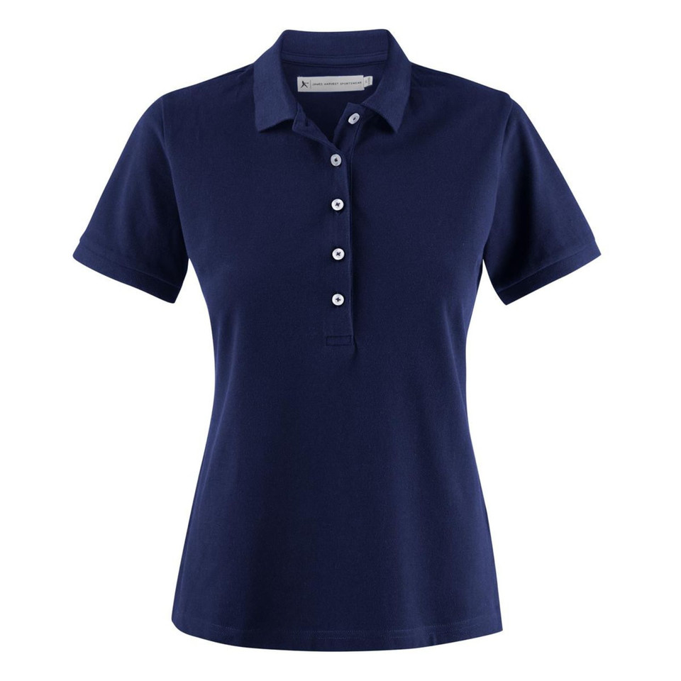 Navy women's polo shirt with white button placket and short sleeves