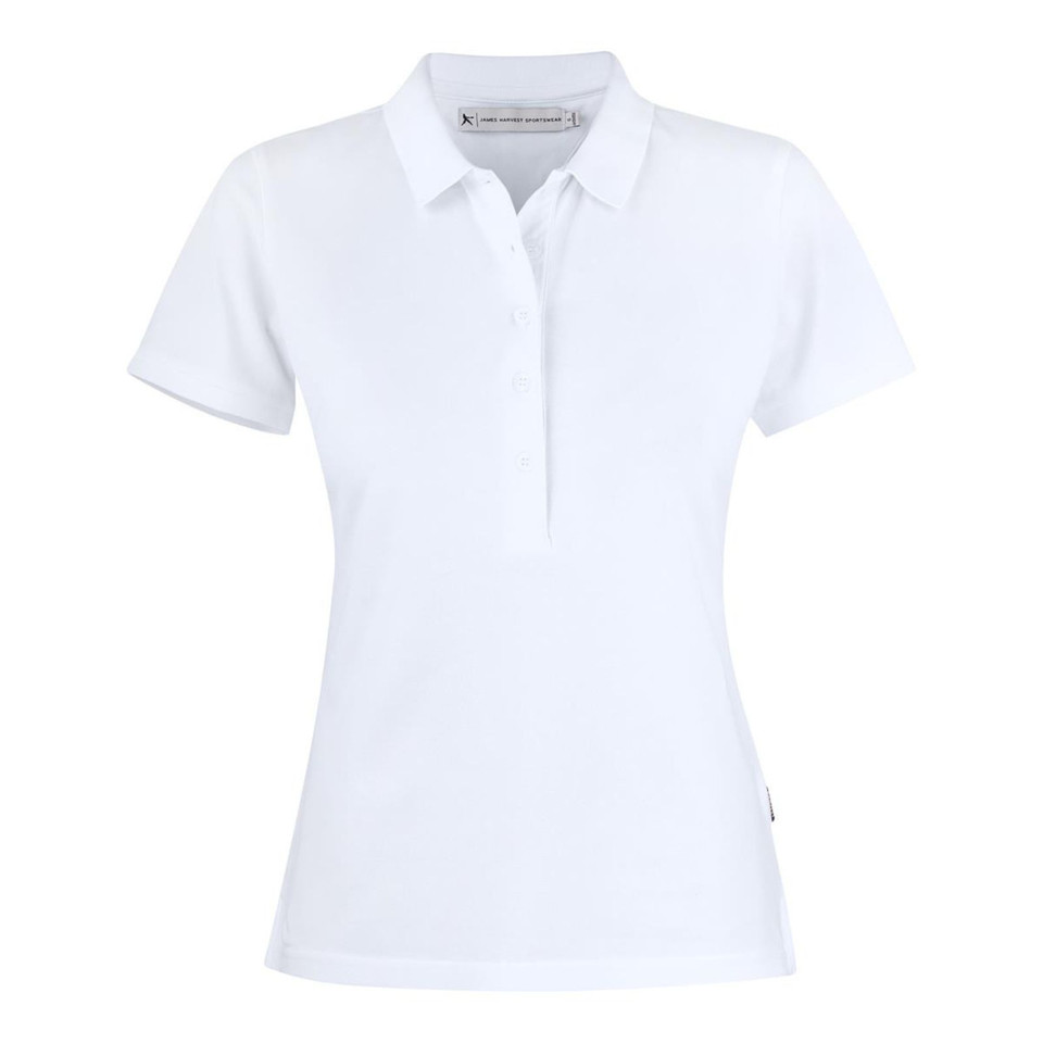 White women's polo shirt with collar, button placket and short sleeves in stretch cotton blend