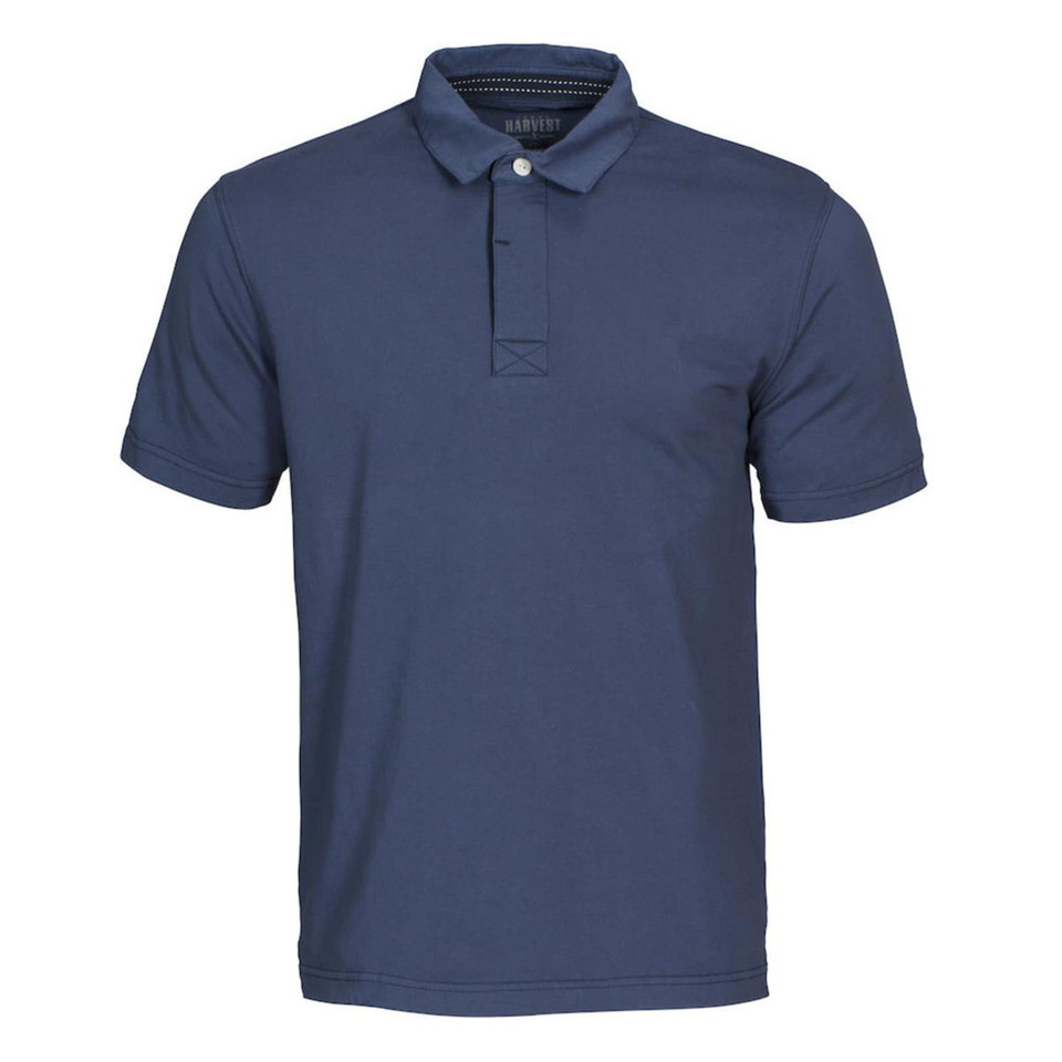 Slate blue short sleeve polo with contrast woven collar and three-button placket
