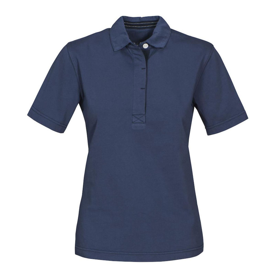 Navy blue women's short-sleeve polo shirt with flat placket, button closure and tailored collar