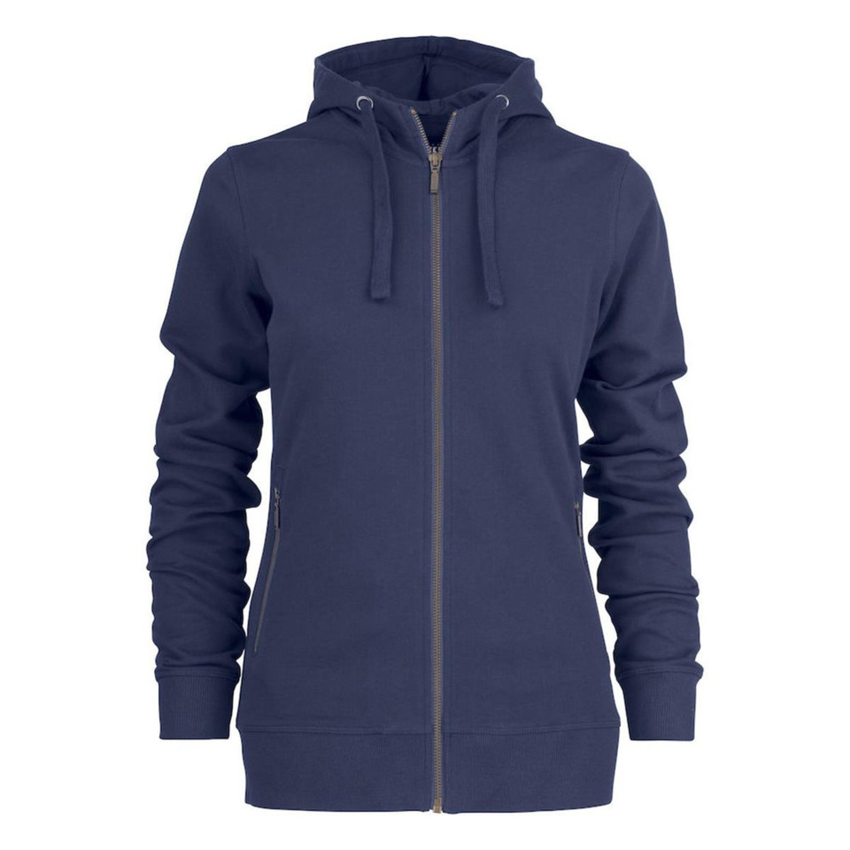Navy blue women's hooded jacket with full zip and matching drawcord detail