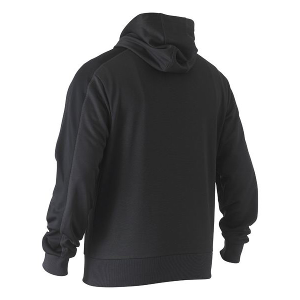 Black recycled fleece pullover hoodie with ribbed cuffs and hem, shown from back angle