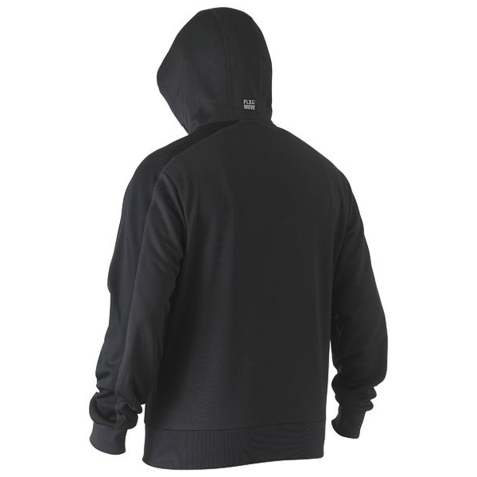 Black fleece pullover hoodie with ribbed cuffs and hem shown from back with hood up