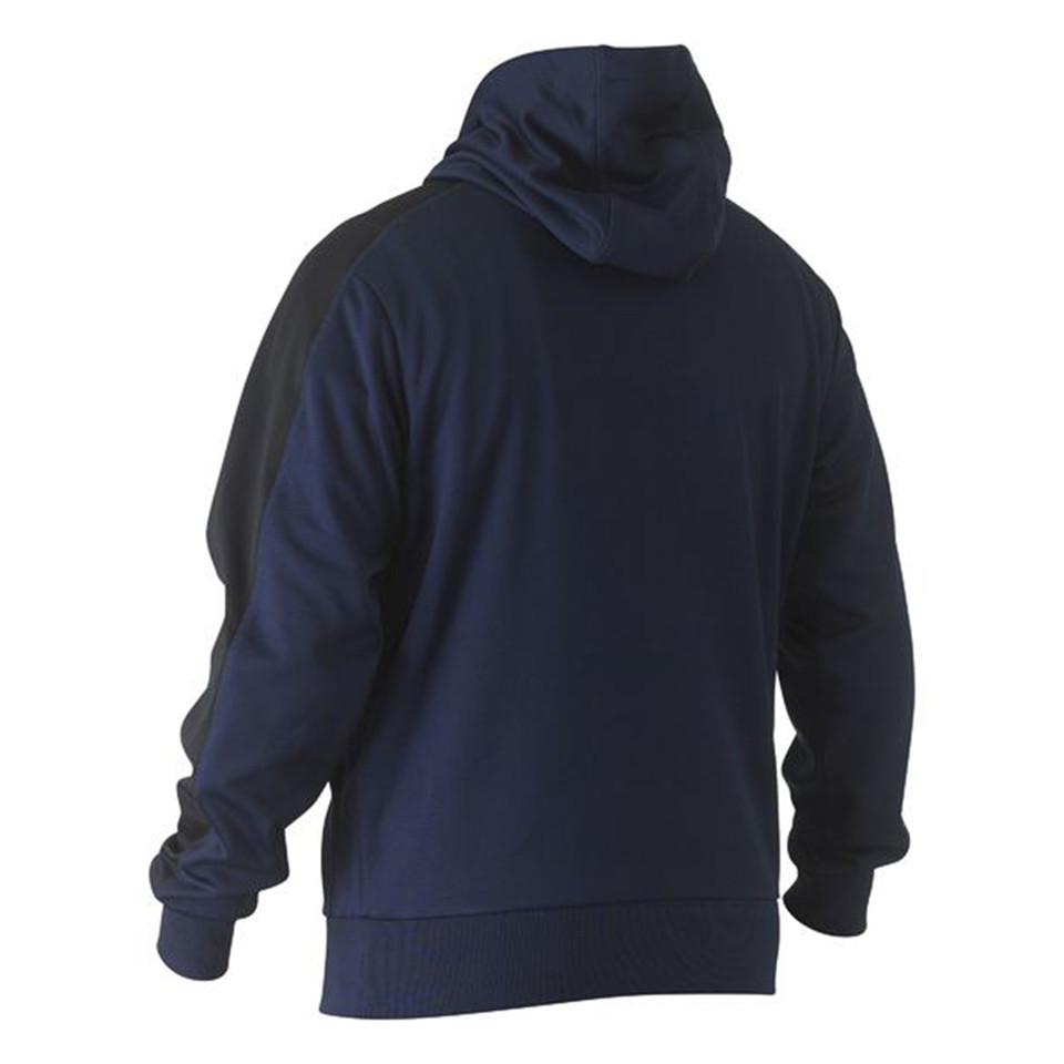 Navy pullover hoodie with hood shown from back, featuring ribbed cuffs and hem