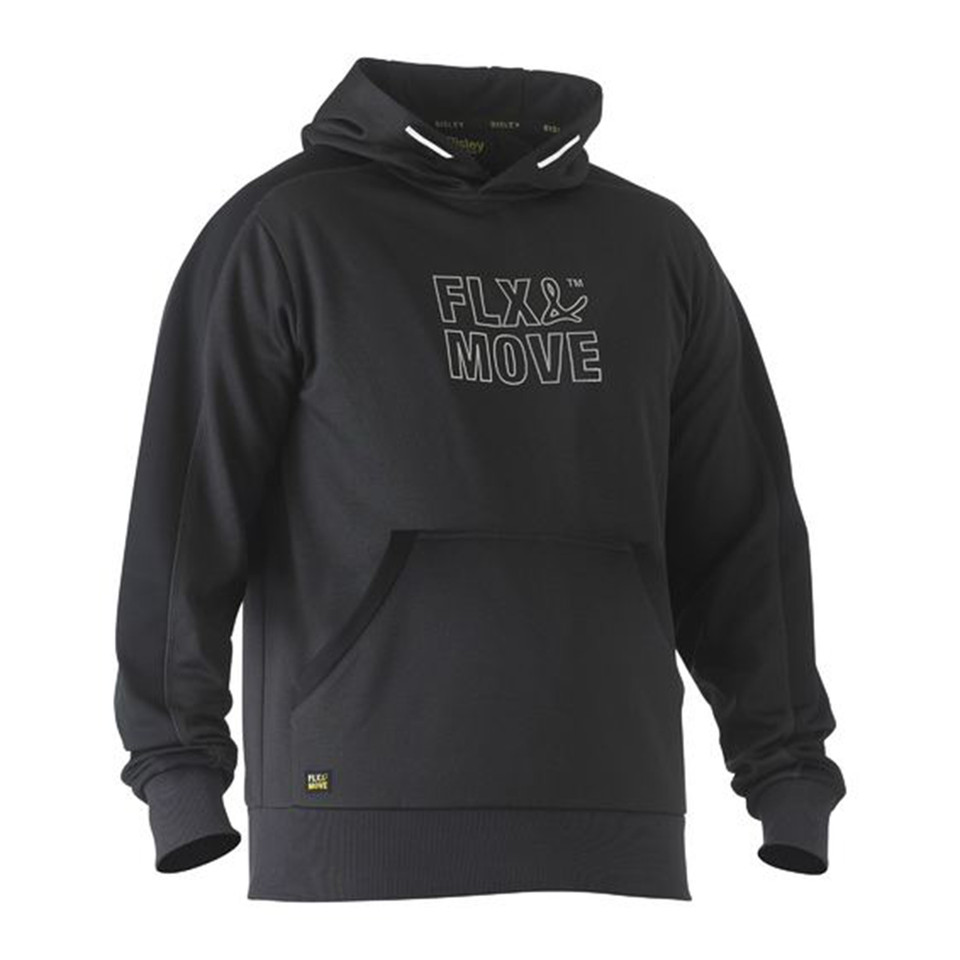 Black pullover hoodie with kangaroo pocket, ribbed cuffs and hem, contrast reflective hood trim and tonal chest graphic print