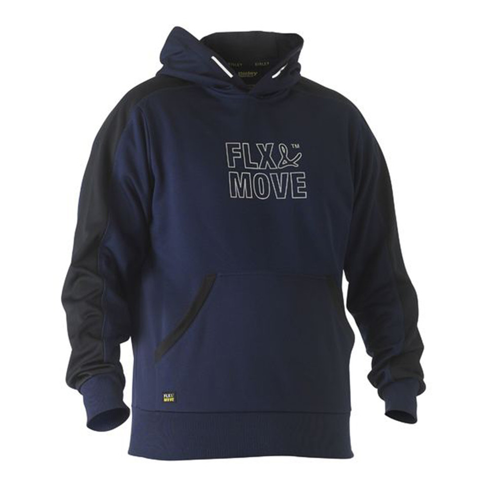Navy hoodie with contrast black panels on shoulders and kangaroo pocket, white drawcords and Fly & Move chest print