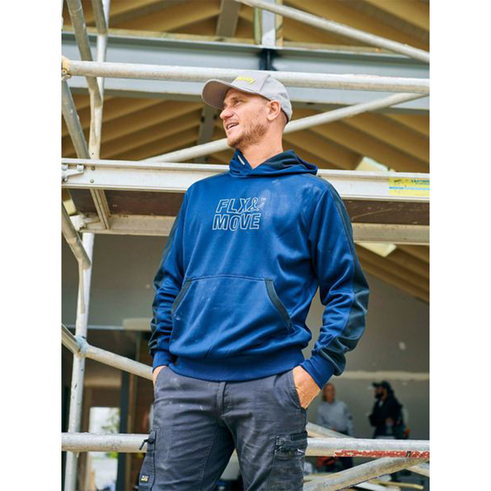 Man on construction site wearing navy pullover hoodie with front kangaroo pocket and branded chest print