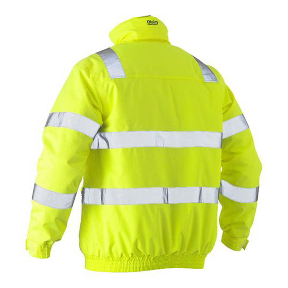 Fluorescent yellow hi vis bomber jacket rear view with horizontal and diagonal silver reflective tape bands