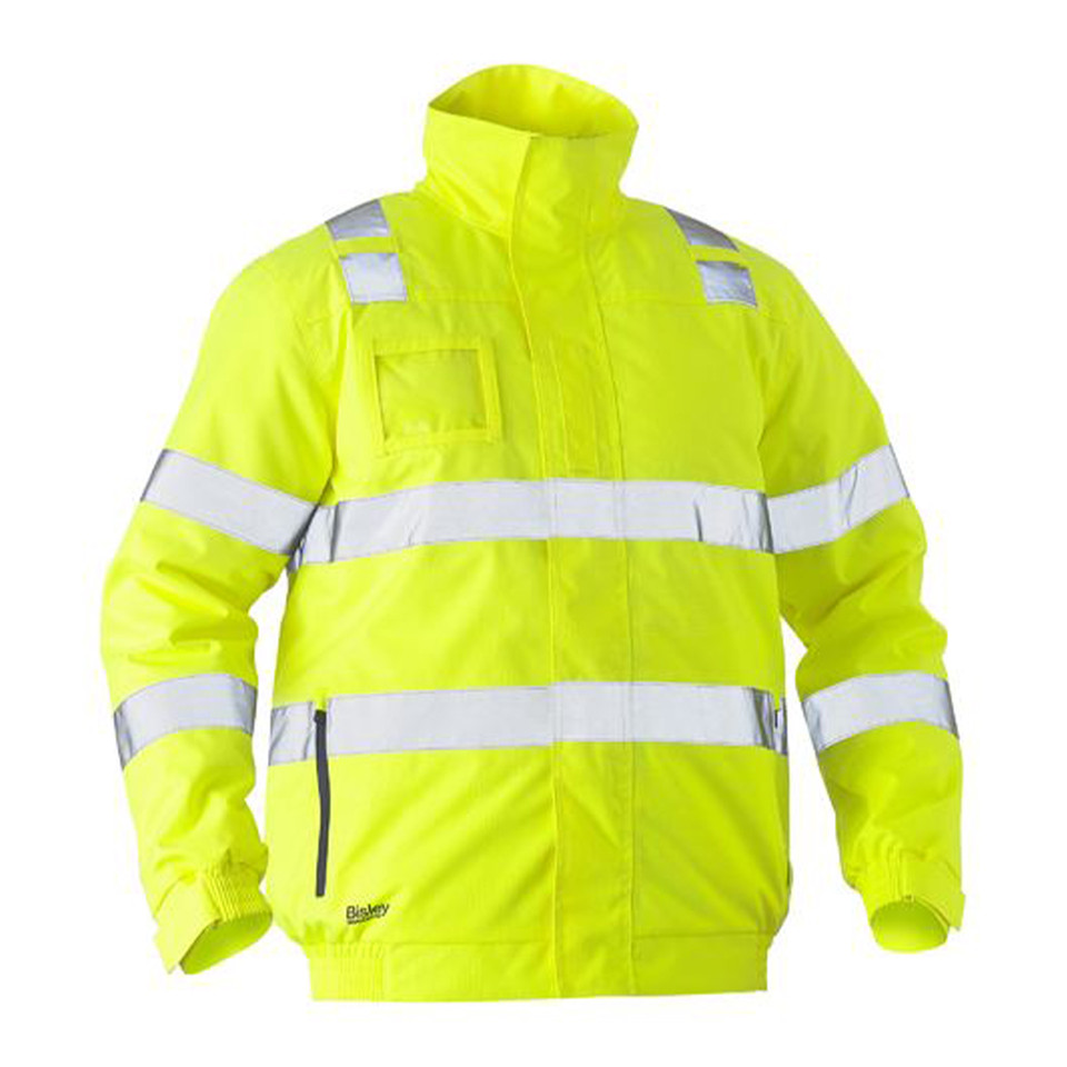 Hi vis yellow wet weather bomber jacket with silver reflective tape bands across chest, arms, and shoulders