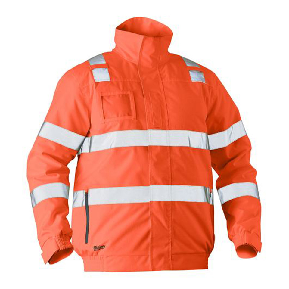 Hi-vis orange bomber jacket with double silver reflective tape bands and zip-close chest pocket