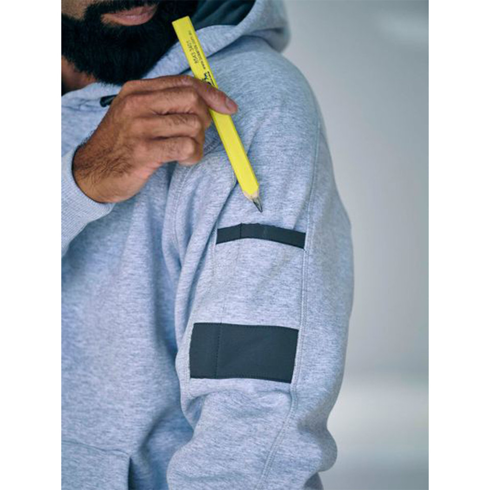 Bisley Men's Fleece Stretch Work Hoodie Jumper with a kangaroo pocket, designed for durable workwear in cold conditions.