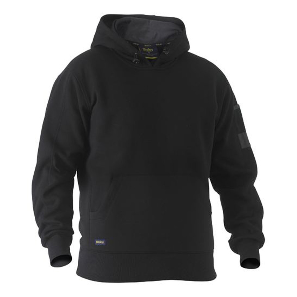 Black Bisley Men's Fleece Stretch Work Hoodie Jumper with a kangaroo pocket, designed for durable workwear in cold conditions.