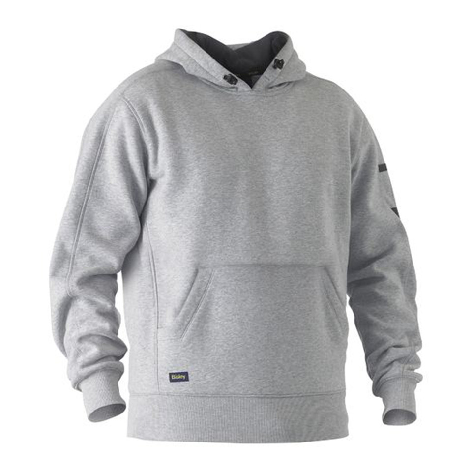 Grey Bisley Men's Fleece Stretch Work Hoodie Jumper with a kangaroo pocket, designed for durable workwear in cold conditions.
