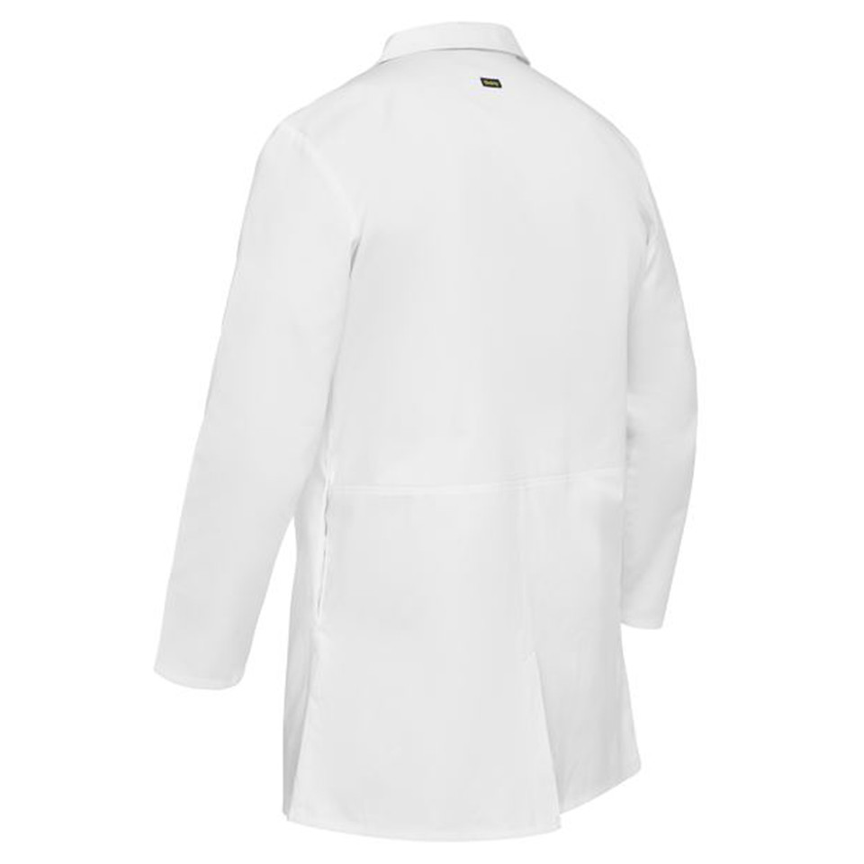 Rear view of white long-sleeve dust coat with back vents and branded label at collar