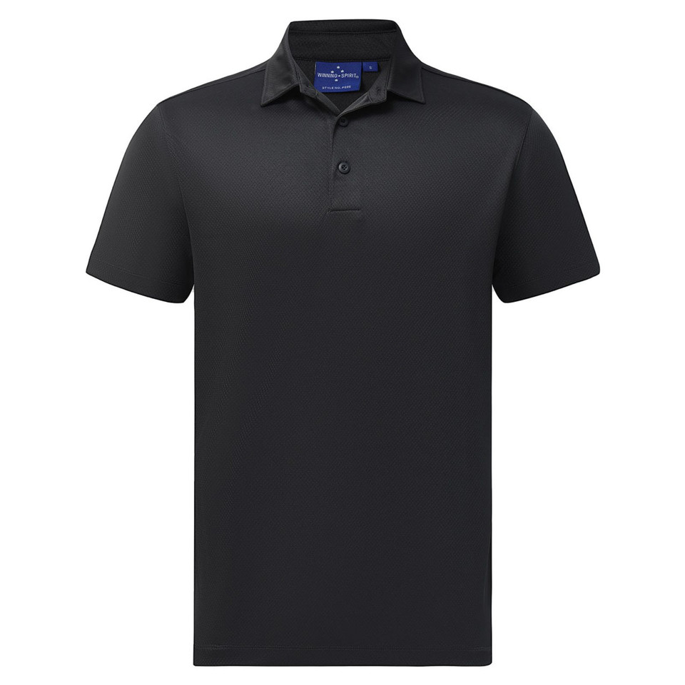 Charcoal black men's jacquard knit polo shirt with two-button placket and contrast woven collar, flat lay packshot