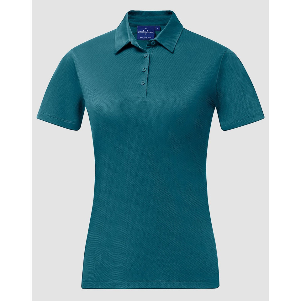 Teal women's polo shirt with collar and button placket in textured jacquard knit fabric