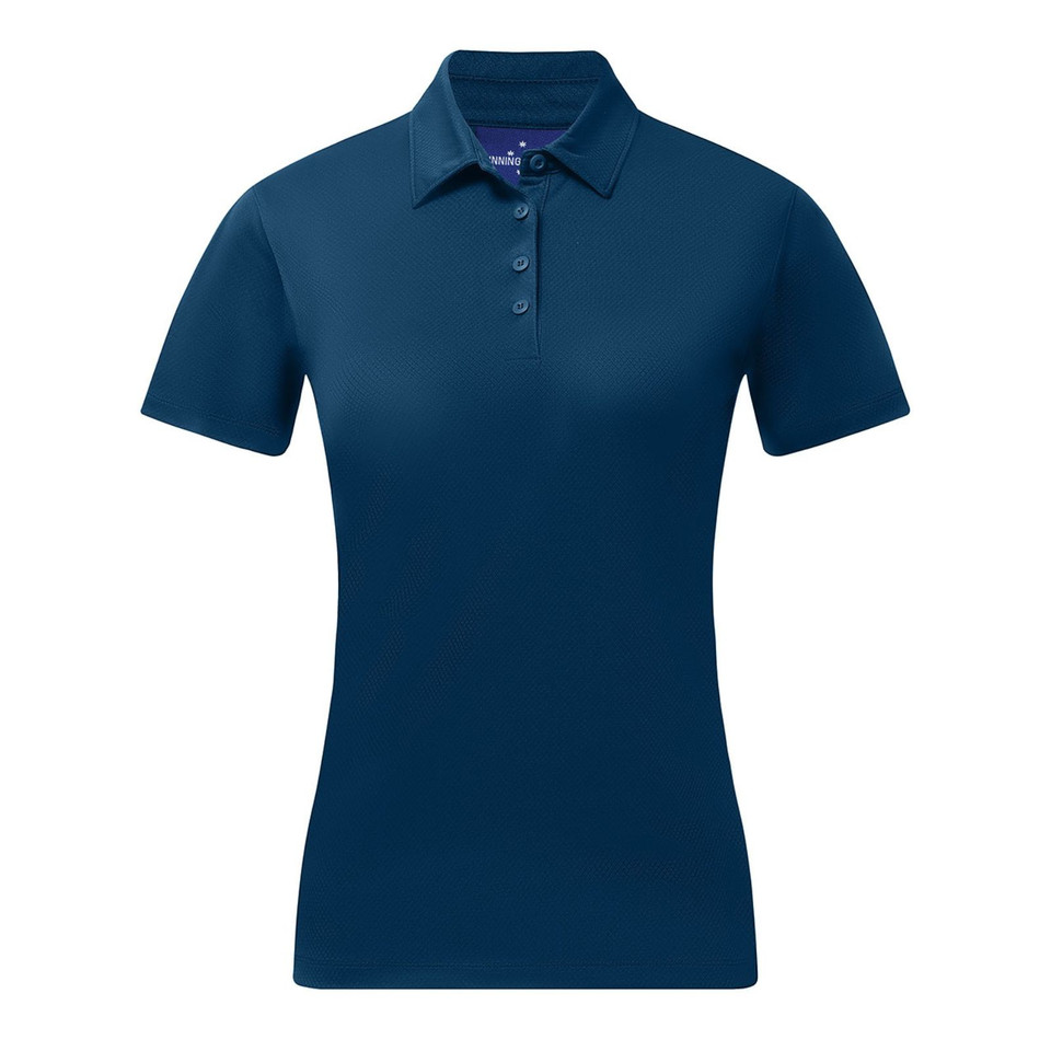Navy blue ladies polo shirt with collar and button placket in sustainable jacquard knit fabric