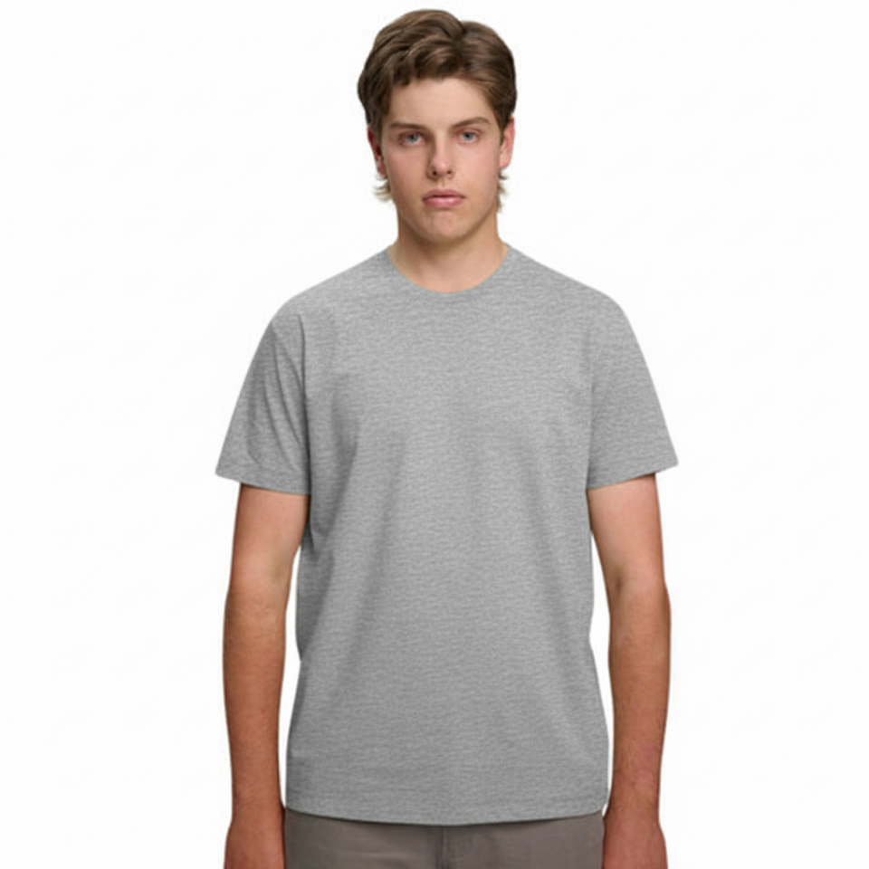 A male model with light brown hair wearing a plain Marl Grey Soho Men's Premium New Tech Cotton Face T-shirt, standing against a white background.