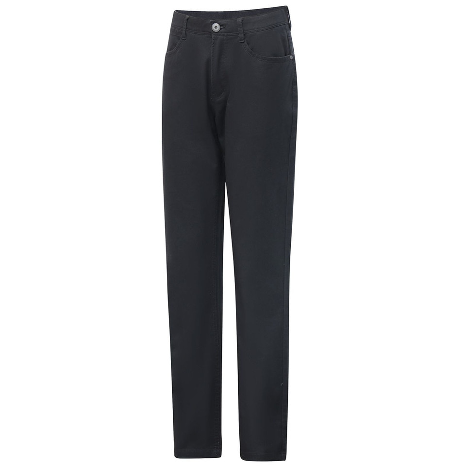 Charcoal grey chino pants with jean-style button fly, front pockets and belt loops