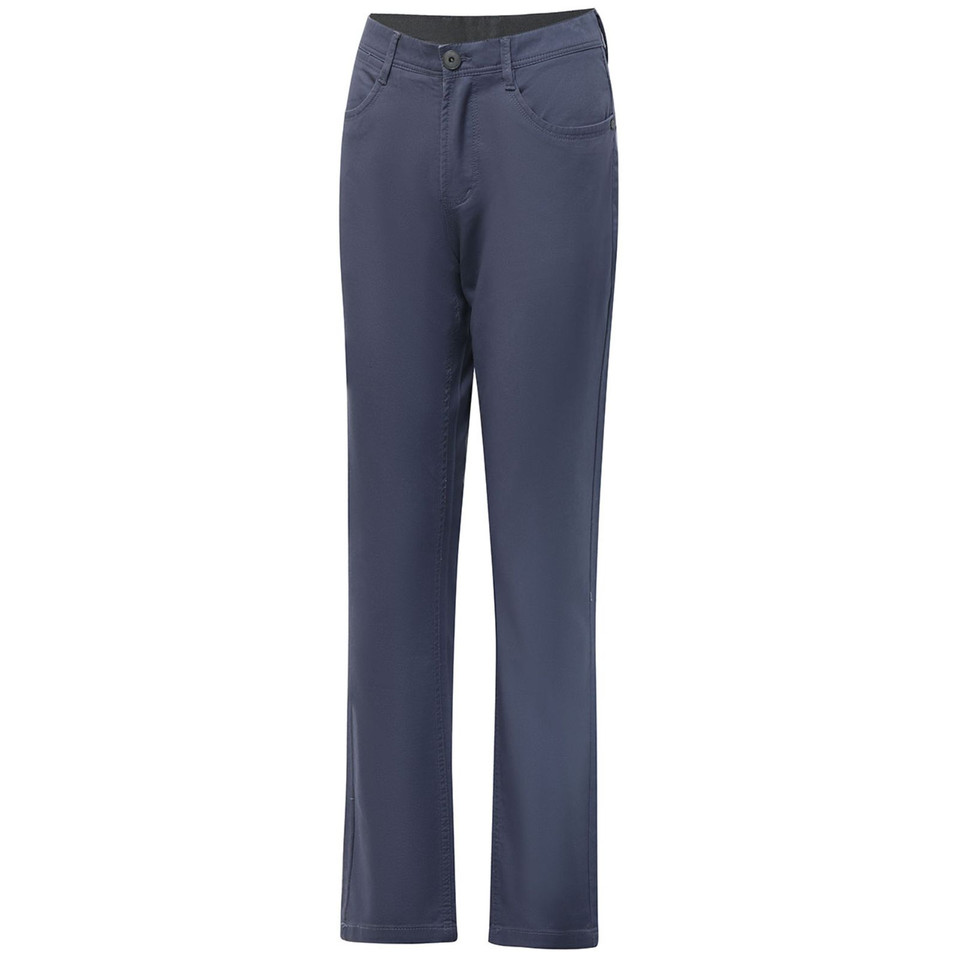 Navy chino pants with jean-style pockets and button fly closure in stretch twill fabric
