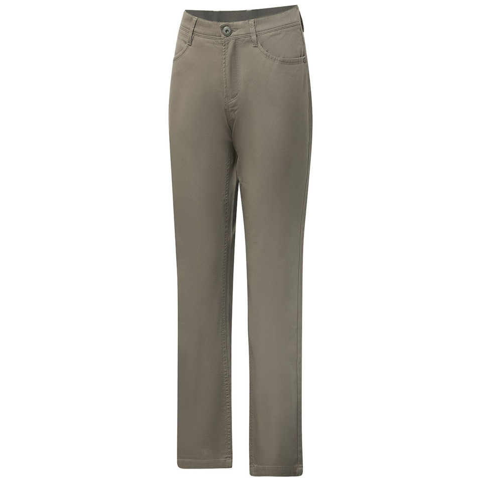 Olive green chino pants with button fly, belt loops, and traditional five-pocket styling