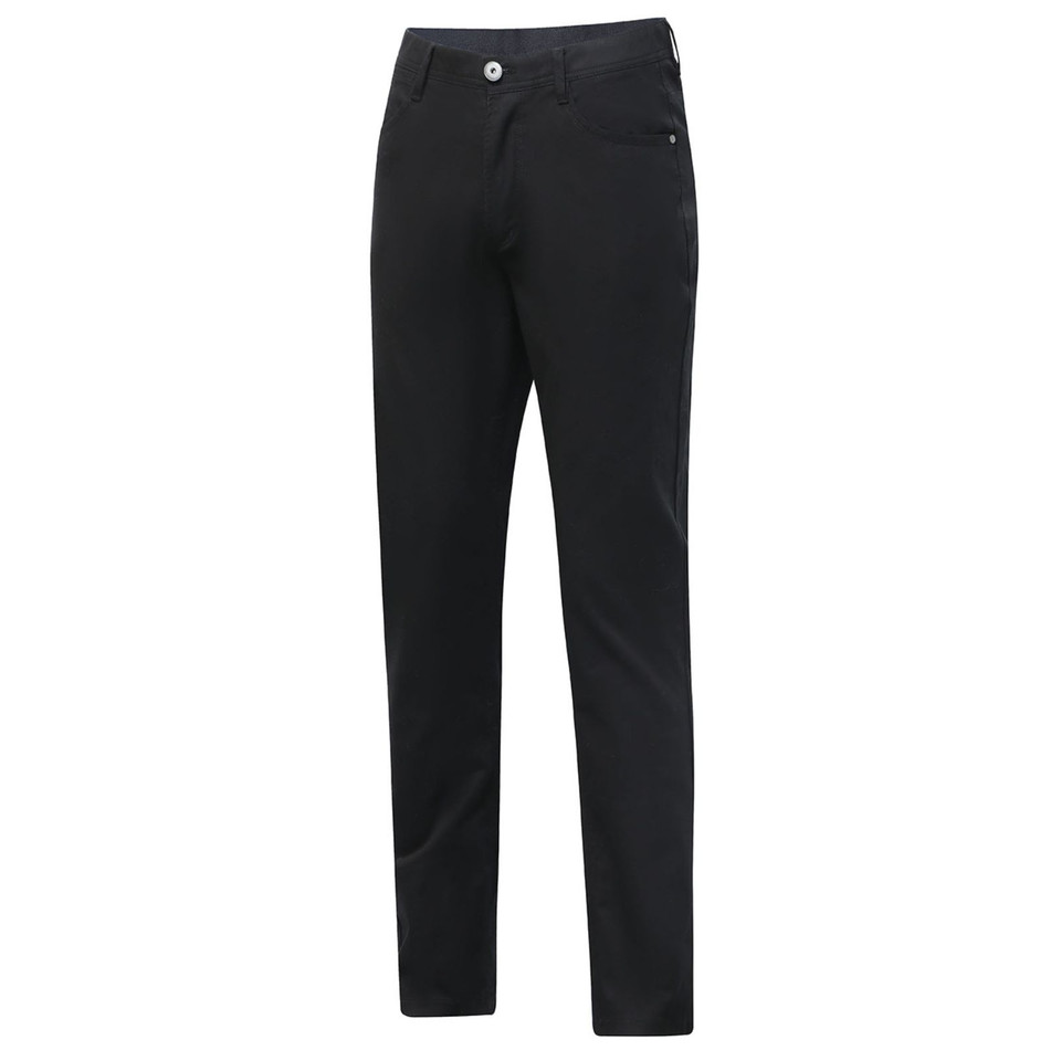 Black ladies chino pants with white button closure and front pockets in jean-inspired styling