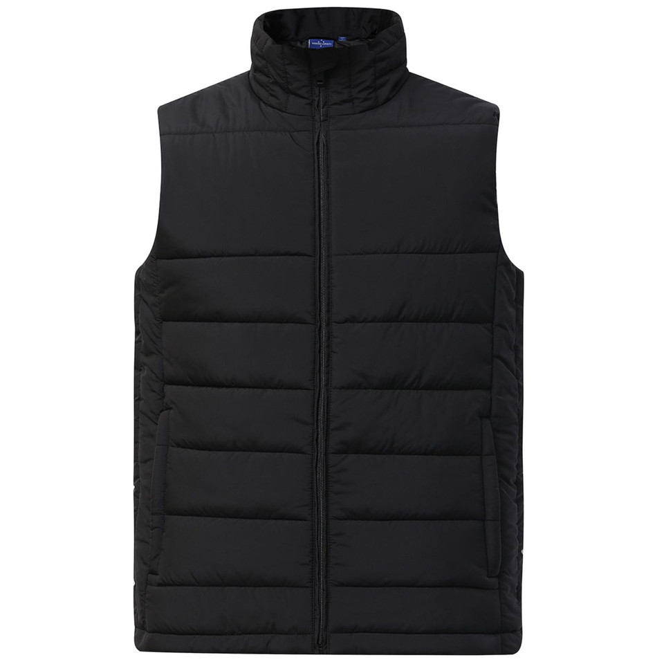 Black quilted puffer vest with horizontal channel stitching and full-length centre front zipper