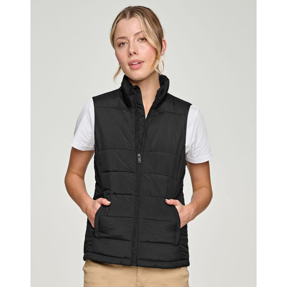 Black insulated puffer vest with quilted horizontal panels, high collar, and front zip closure worn over white tee