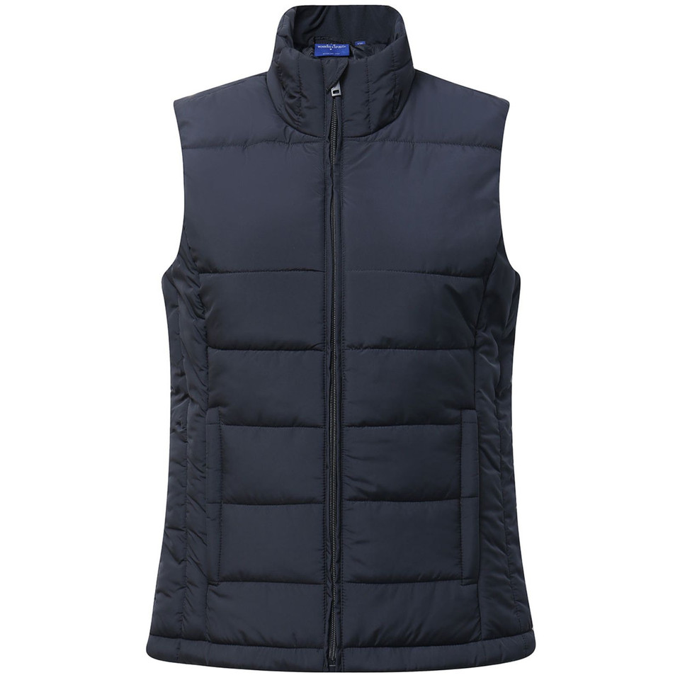 Charcoal grey quilted puffer vest with horizontal channel stitching and full-zip front closure