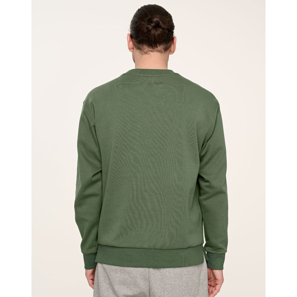 Back view of sage green crew neck sweater showing ribbed hem and cuffs with smooth double knit construction