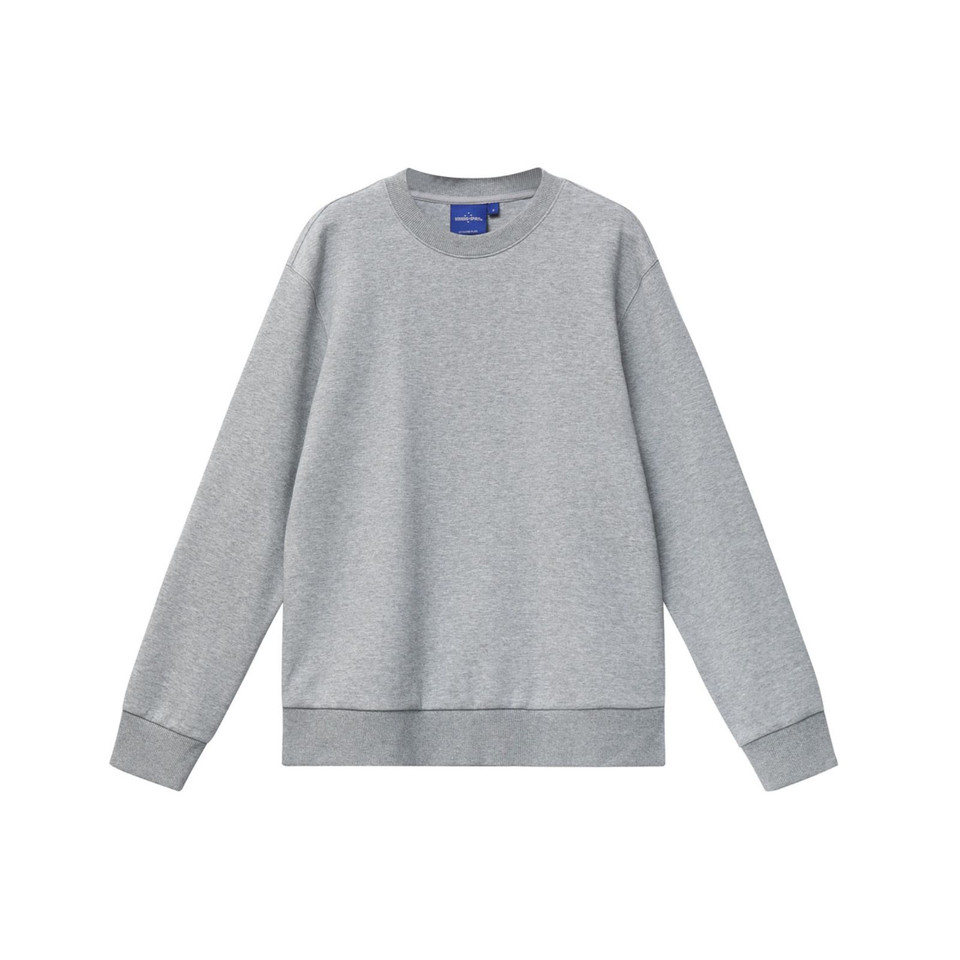 Grey marle crew neck sweatshirt with ribbed cuffs and hem on white background