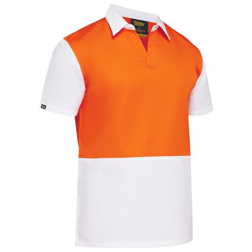 Hi-vis orange and white polo shirt with contrast collar and shoulder panels, buttonless v-neck placket