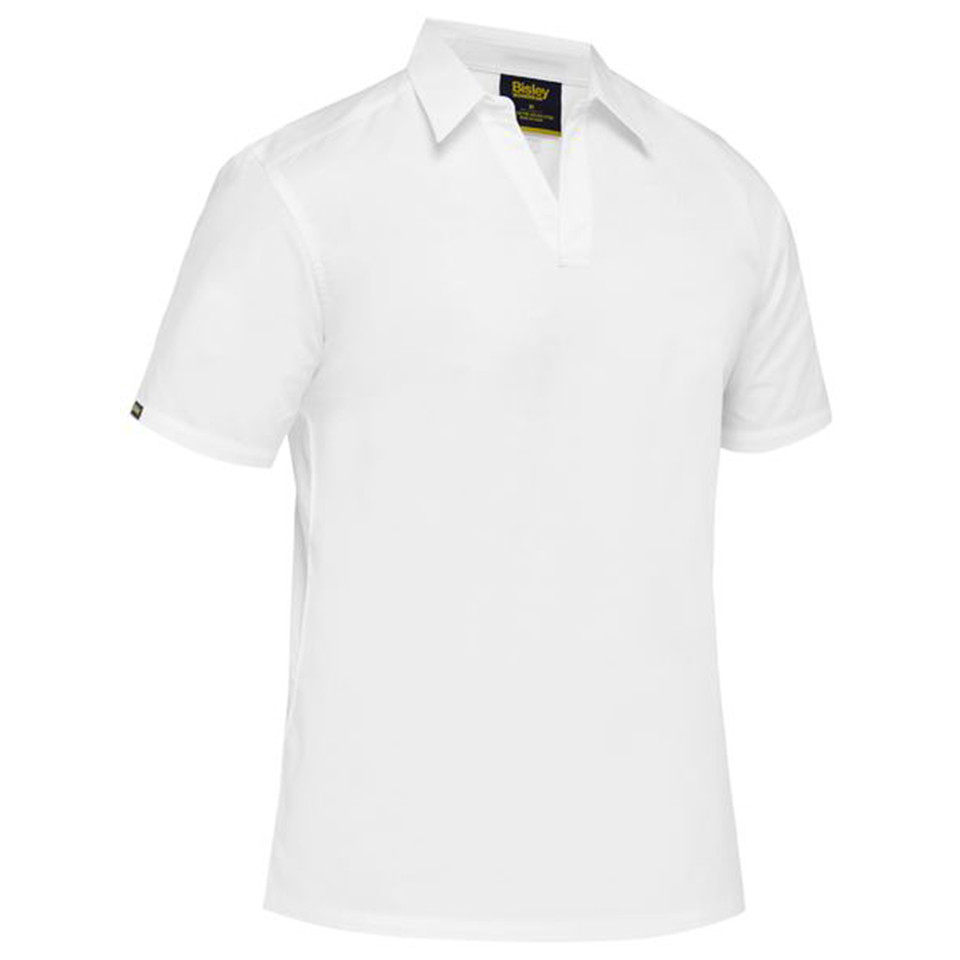 White industrial V-neck short sleeve shirt with collar and chest pocket panel