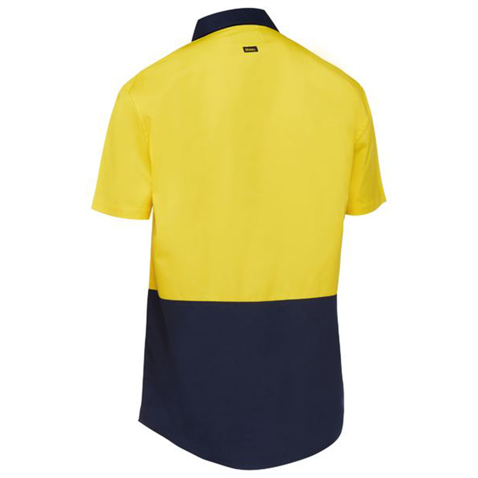 Back view of yellow and navy two-tone hi vis short sleeve work shirt with contrast collar