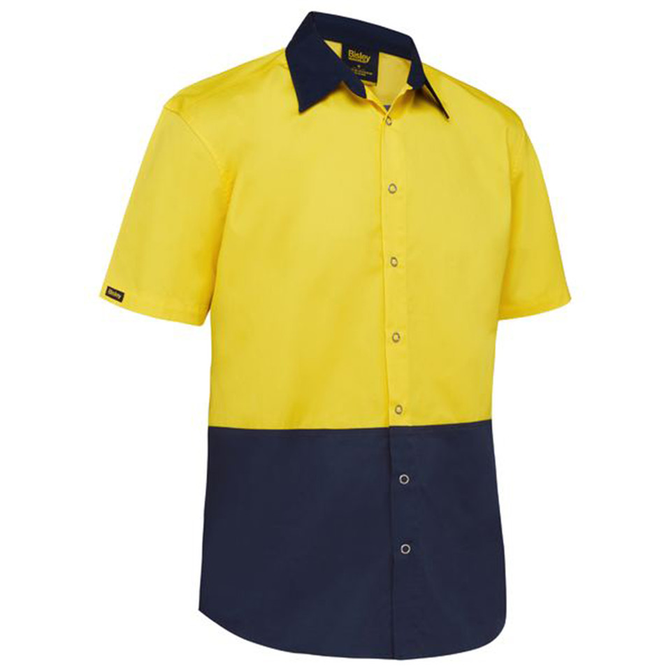 Yellow and navy two-tone hi vis short sleeve work shirt with button front and contrast collar