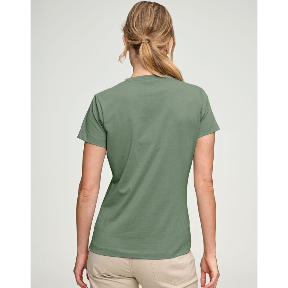 Rear view of women's sage green crew neck tee in smooth premium cotton, fitted silhouette with short sleeves