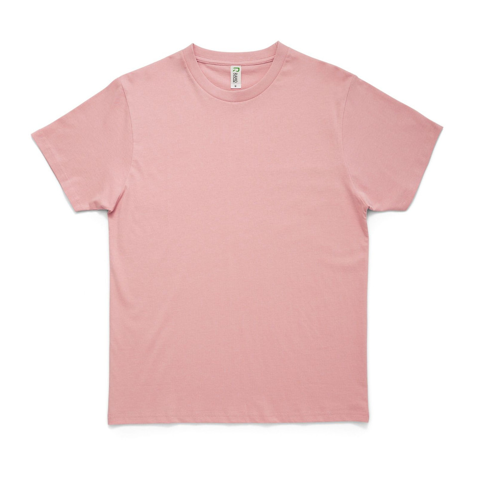 Soft pink crew neck cotton t-shirt with short sleeves and smooth flat front panel for decoration