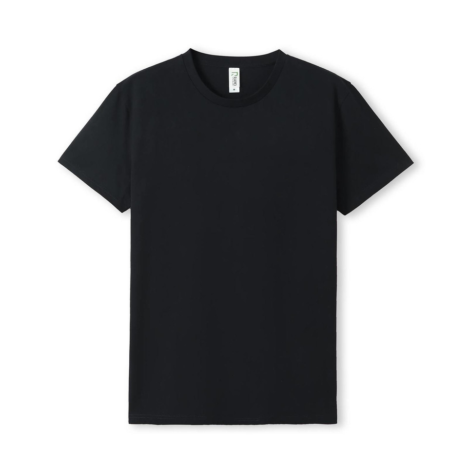 Black crew neck cotton t-shirt with short sleeves and smooth flat front panel ideal for printing
