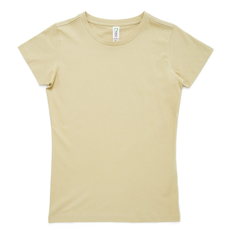 Pale beige women's crew neck t-shirt with short sleeves and smooth cotton fabric laid flat