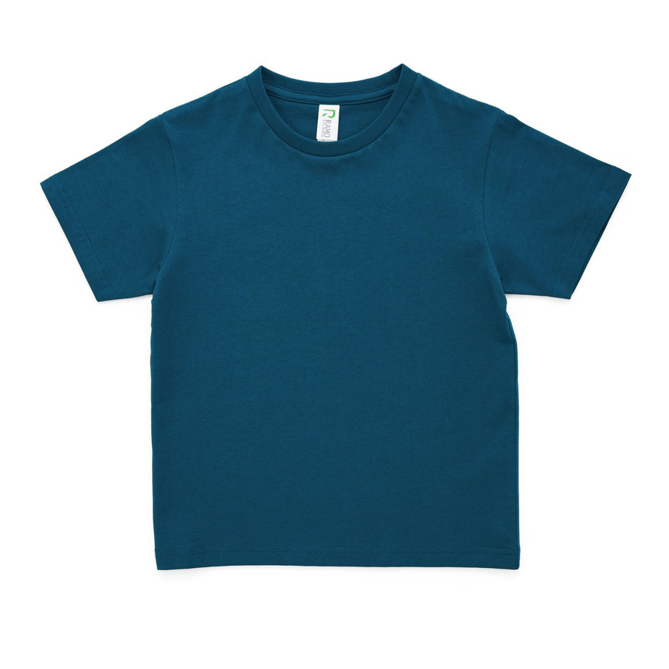 Deep teal kids crew neck tee with short sleeves and tearaway label, flat lay on white background