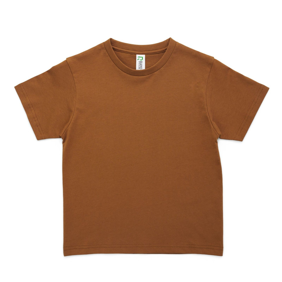 Terracotta brown kids cotton t-shirt with crew neck and short sleeves laid flat on white background