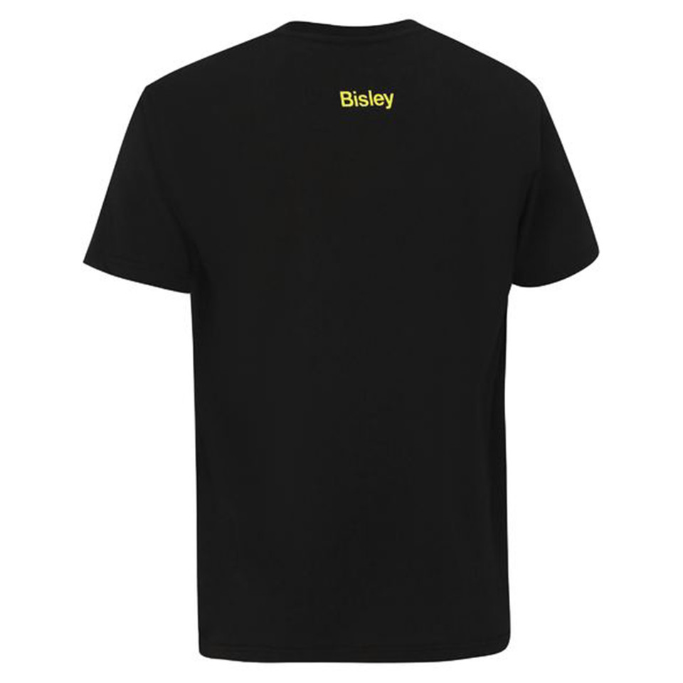 Black cotton t-shirt with yellow Bisley text printed on upper back, crew neck, short sleeves