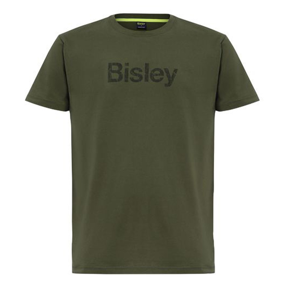 Army green crew neck cotton tee with tone-on-tone chest logo print, flat lay packshot