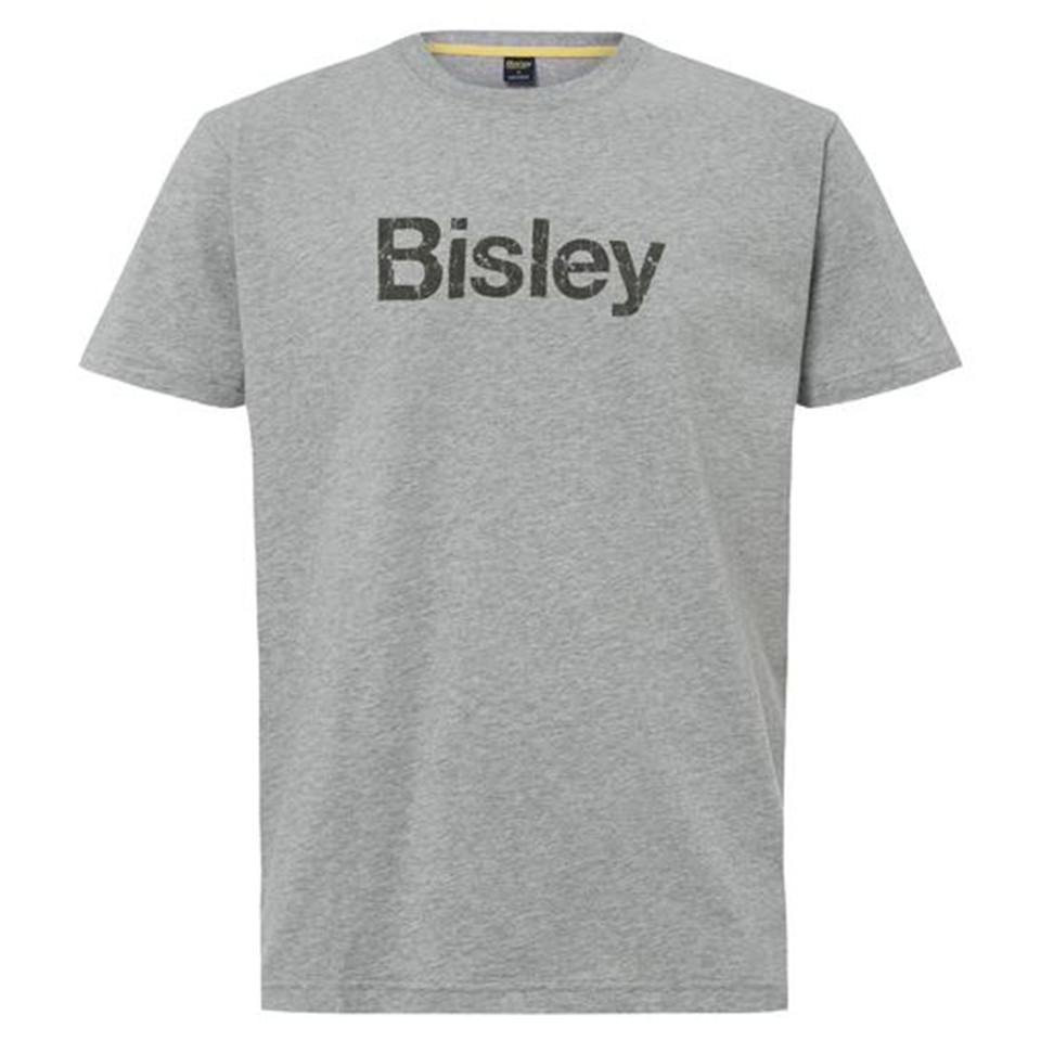 Grey marle cotton crew neck tee with large dark printed chest logo, flat lay packshot